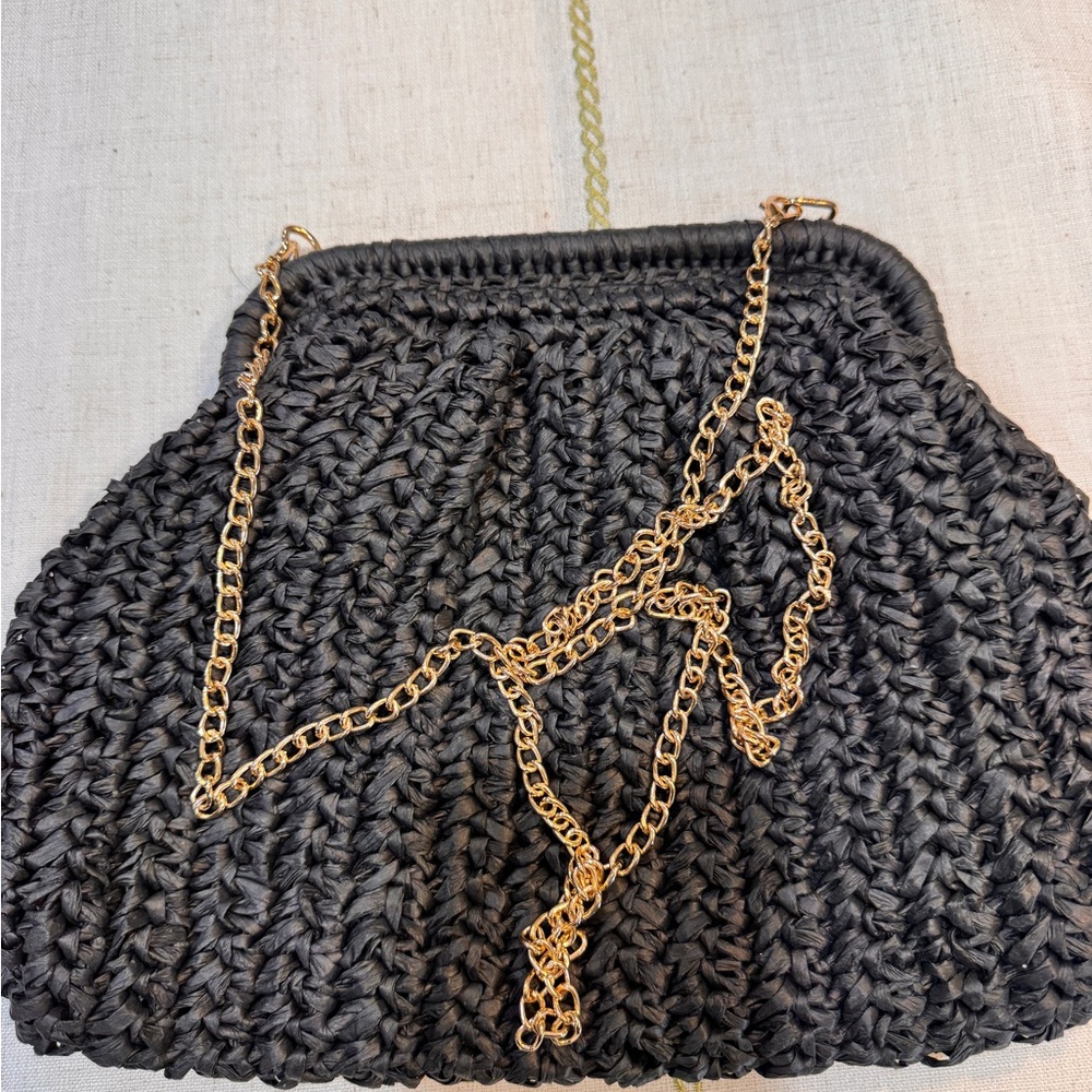 Primark Black Woven Clutch with Gold Chain